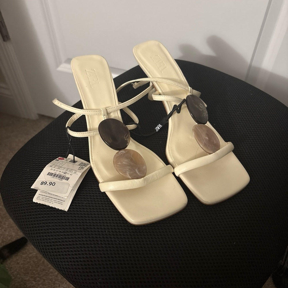 Zara Cream Square-Toe Heeled Sandals with Decorative Discs